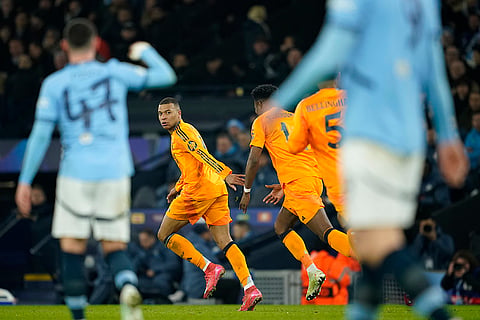 Champions League playoff first leg: Real Madrid's Kylian Mbappe runs to celebrate after socring his sides first goal