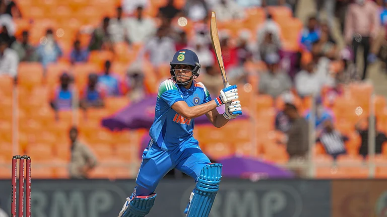 India's Shubman Gill plays a shot during the third one-day international cricket match between India and England in Ahmedabad. - AP Photo/ Ajit Solanki