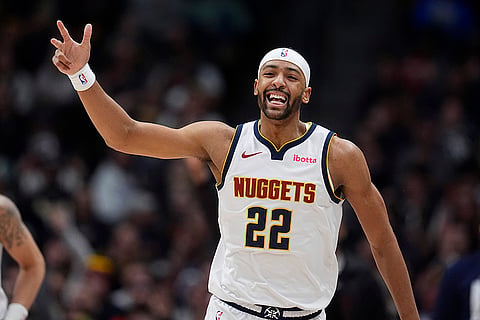 NBA 2024-25: Nuggets forward Zeke Nnaji reacts after hitting a 3-point basket 