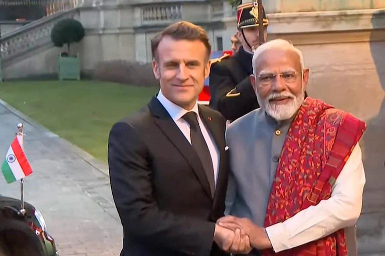 PM Modi with Emmanuel Macron - | Photo: @pmoindia on Youtube via PTI
