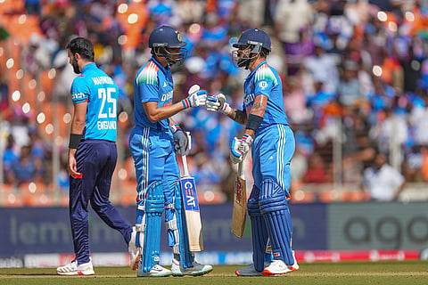 IND vs ENG 3rd ODI: India's Virat Kohli, right, and Shubman Gill give fist after scoring a run 