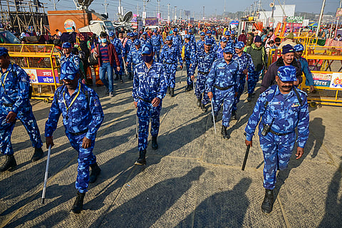 Maha Kumbh 2025,  Maghi Purnima Snan: RAF personnel patrol the area
