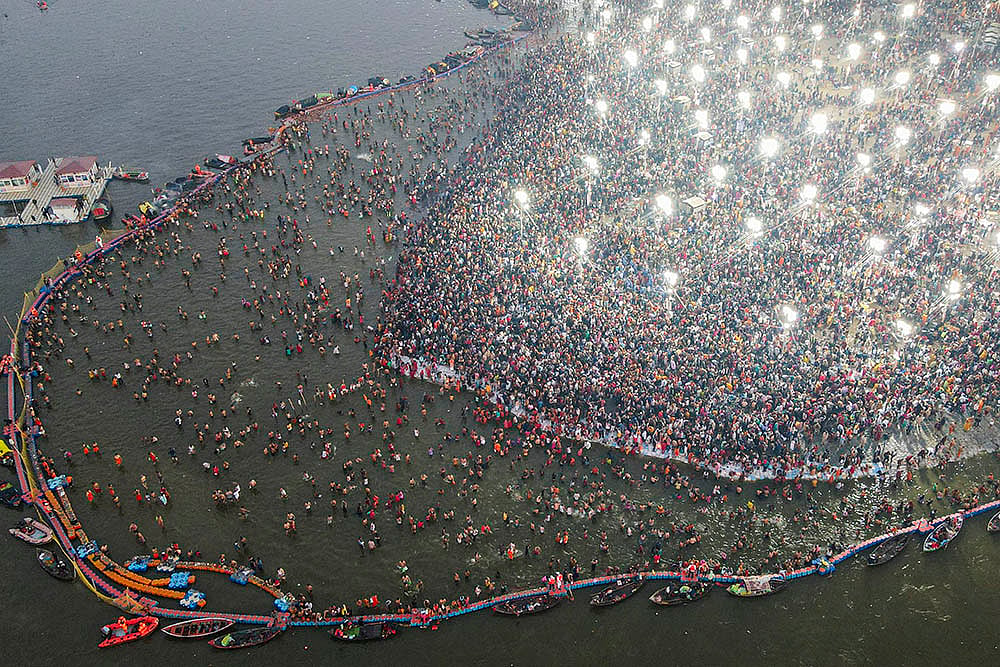 | Photo: PTI : Maha Kumbh 2025,  Maghi Purnima Snan: Aerial view of the Sangam