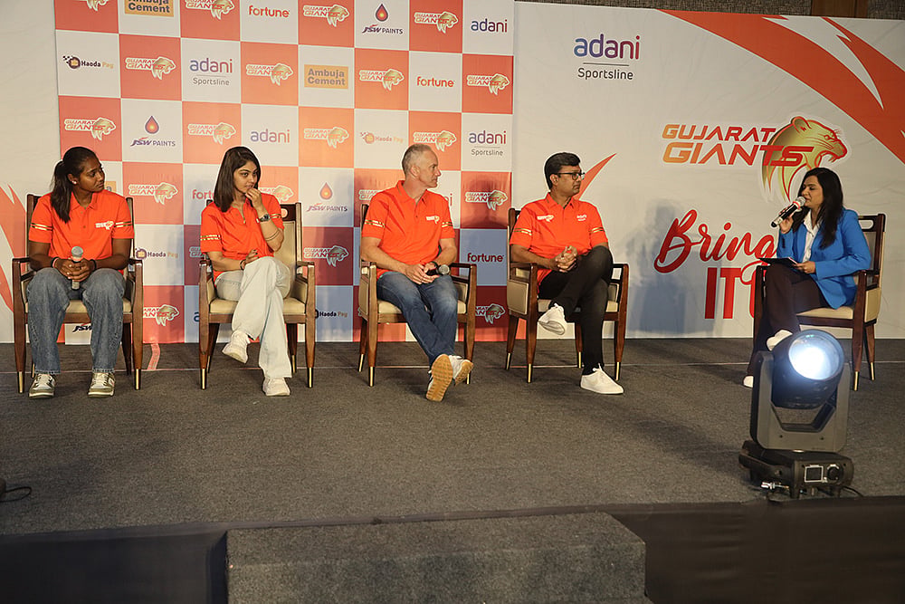 | Photo Courtesy: Gujarat Giants : Team Gujarat Giants at Press Conference ahead WPL Season 3