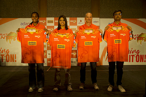 Shabnam Shakil, Harleen Deol, Michael Klinger, Sanjay Adesara (From L To R) at Gujarat Giants Jersey Launch for WPL Season 3