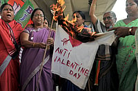 NOAH SEELAM/AFP via Getty Images : BJP members during a protest to denounce Valentine's Day in Hyderabad.
