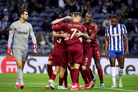 Europa League playoff 1st Leg: Roma players celebrate after scoring the opening goal 