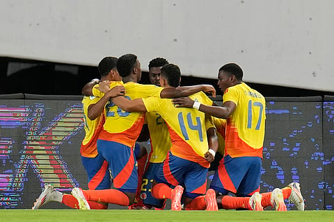 U-20 South American Championship: Colombia's Neiser Villarreal celebrates with teammates after scoring his side's second goal