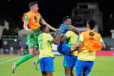 U-20 South American Championship: Teammates celebrate with Brazil's Rayan after he scored a goal 