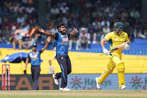SL vs AUS 2nd ODI: Sri Lanka's Asitha Fernando celebrates the wicket of Australia's Matthew Short during the second ODI cricket match between Sri Lanka and Australia in Col