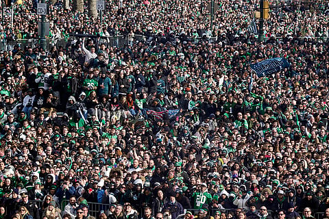 Super Bowl Eagles Parade: Fans look on during the national anthem