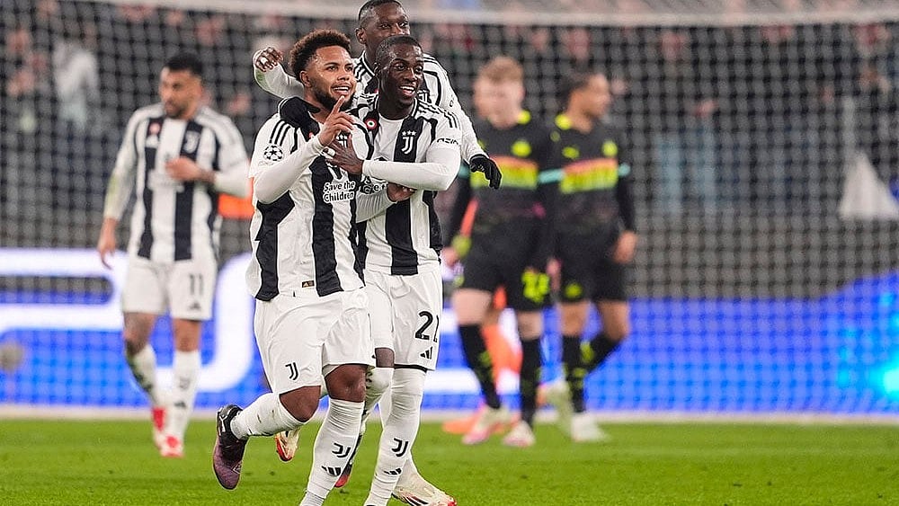 | Photo: Fabio Ferrari/LaPresse via AP : Champions League playoff first leg: Juventus' Weston McKennie celebrates after scoring their side's first goal
