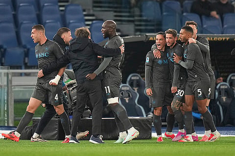Serie A 2024-25: Napoli's Giacomo Raspadori is congratulated after scoring his side's first goal 