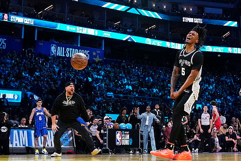 Slam Dunk Contest: San Antonio Spurs guard Stephon Castle reacts after dunking