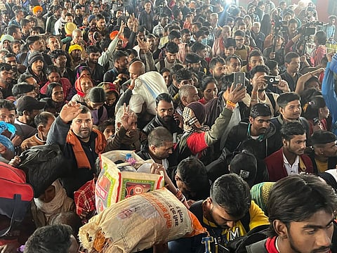 The image shows Platform 14 of New Delhi Railway Station on Sunday, the site of the deadly stampede the night before |
