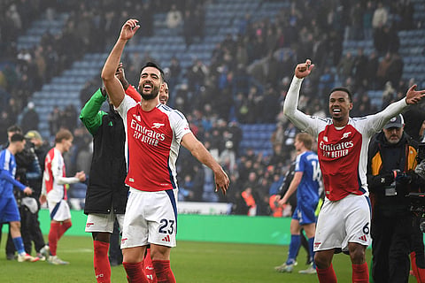 Premier League 2024-25: Arsenal's Mikel Merino  celebrates with Arsenal's Gabriel after scoring his side's second goal 