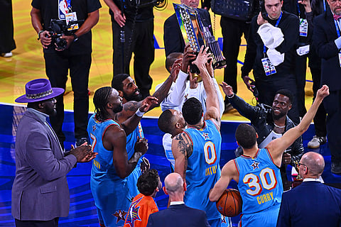2025 NBA All Star Game: Shaq's OGs head coach Shaquille O'Neal claps as his team raises the trophy 