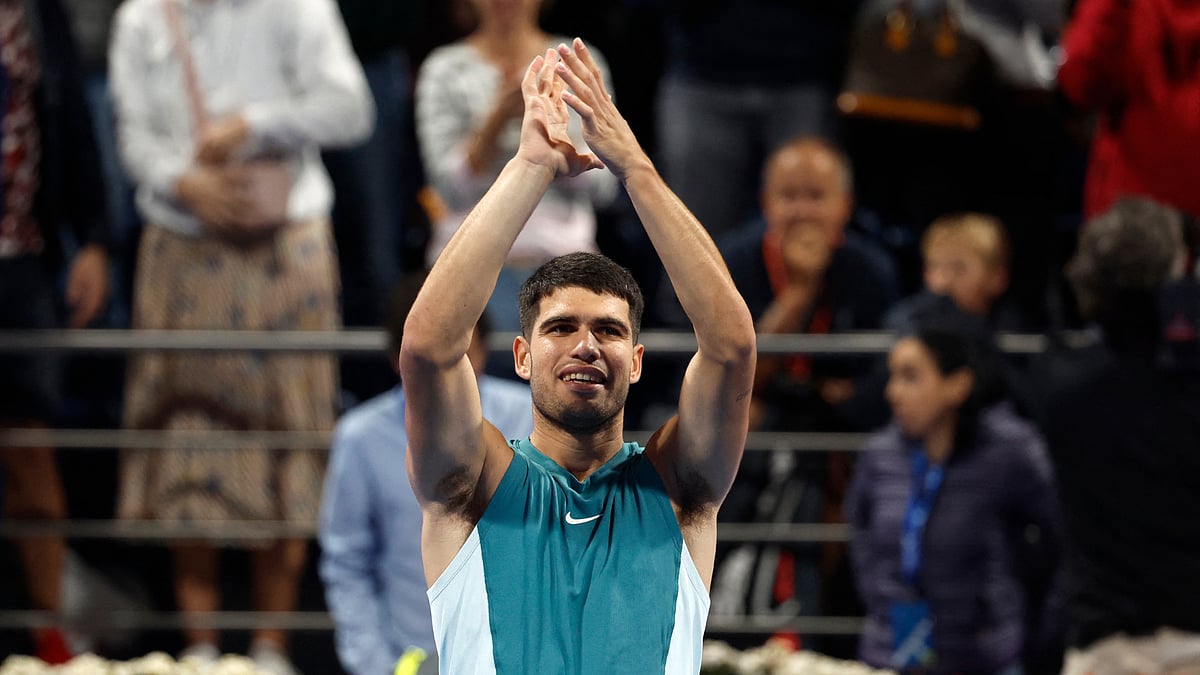 Carlos Alcaraz celebrates his win over Marin Cilic in Qatar