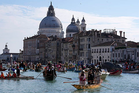 Venice Carnival 2025: Boats sail during the traditional rowing parade
