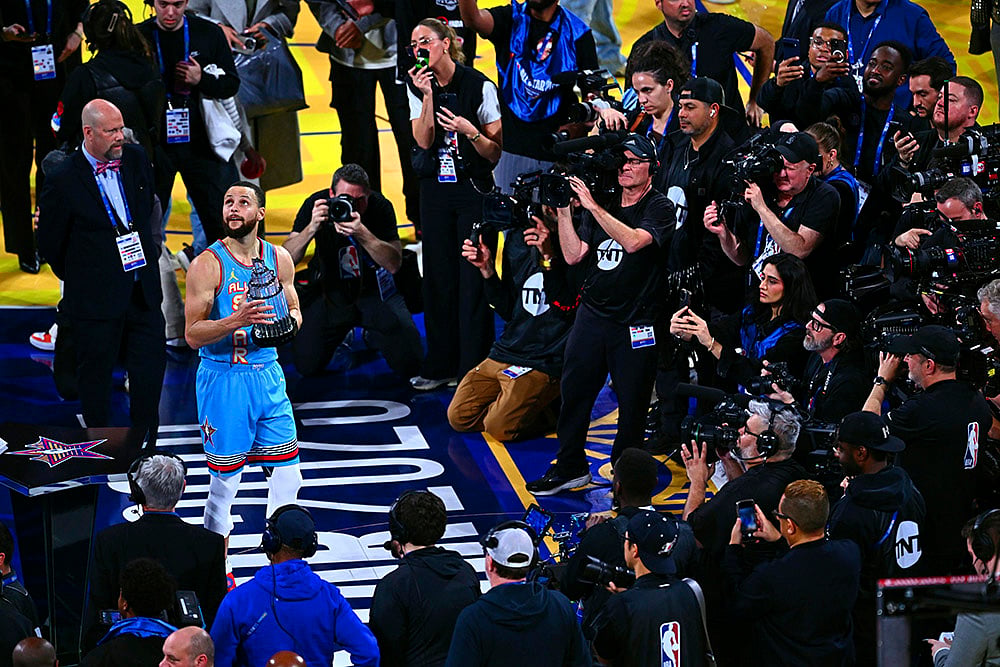 NBA Basketball All Star Game 2025: Stephen Curry (30) poses with the MVP award