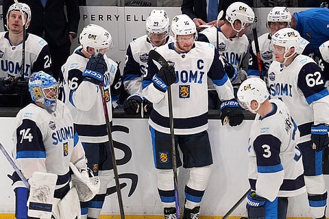 4 Nations Face-Off, Canada vs Finland: Finland's captain Aleksander Barkov, center, talks with teammates 