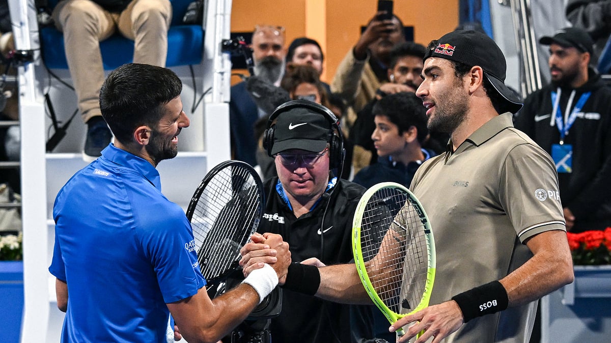 Matteo Berrettini celebrates his win over Novak Djokovic at the Qatar Open