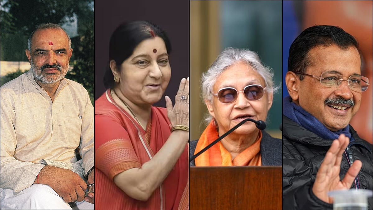 | Photo: PTI : From L To R - Sahib Singh Verma, Sushma Swaraj, Sheila Dikshit and Arvind Kejriwal