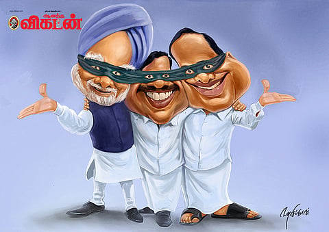 2013 cartoon after A Raja said  that in the 2G matter he was not alone and that PM and FM knew everything.
