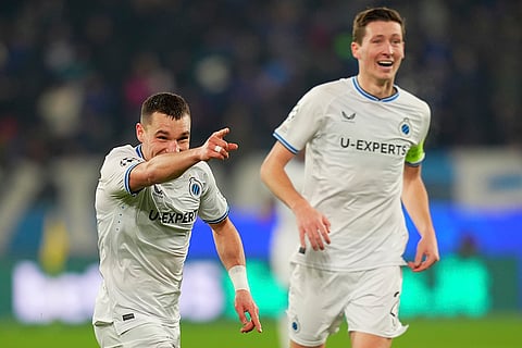 Champions League Soccer playoff second leg: Brugge's Ferran Jutgla celebrates after scoring his side's third goal