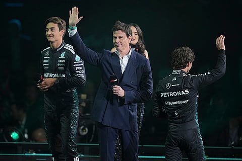 F1 75 Live launch event: Mercedes driver George Russell and Mercedes team principal Toto Wolff