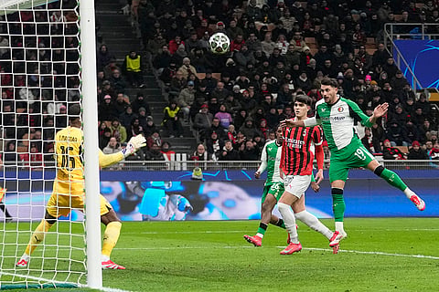 Champions League Soccer playoff second leg: Feyenoord's Julian Carranza scores his side's first goal