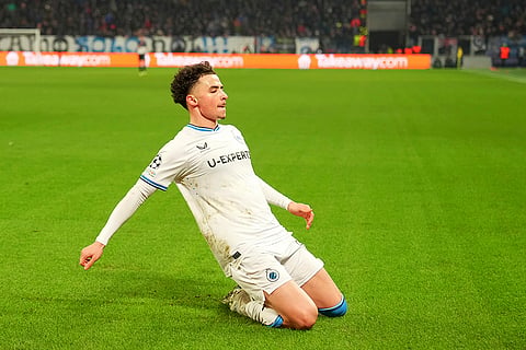 Champions League Soccer playoff second leg: Brugge's Chemsdine Talbi celebrates after scoring his side's second goal 