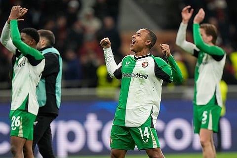 Champions League Soccer playoff second leg: Feyenoord's Igor Paixao celebrates with teammates