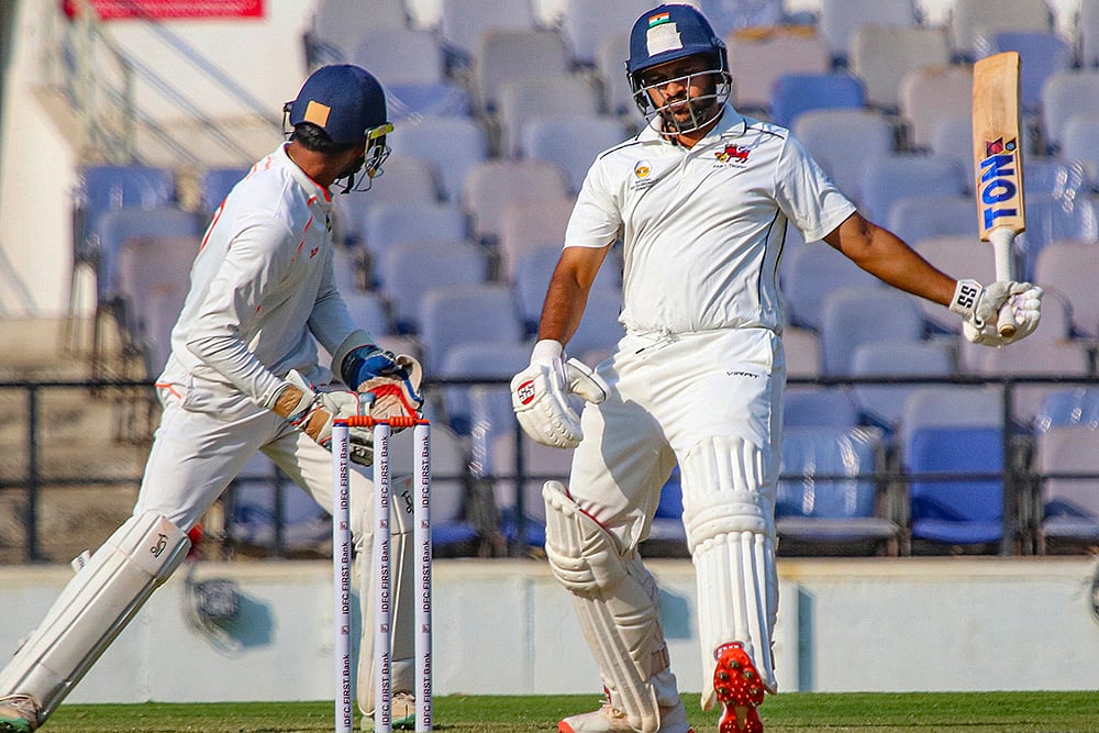 | Photo: PTI : Ranji Trophy semi-final, Mumbai Vs Vidarbha: Mumbai's Shardul Thakur plays a shot 