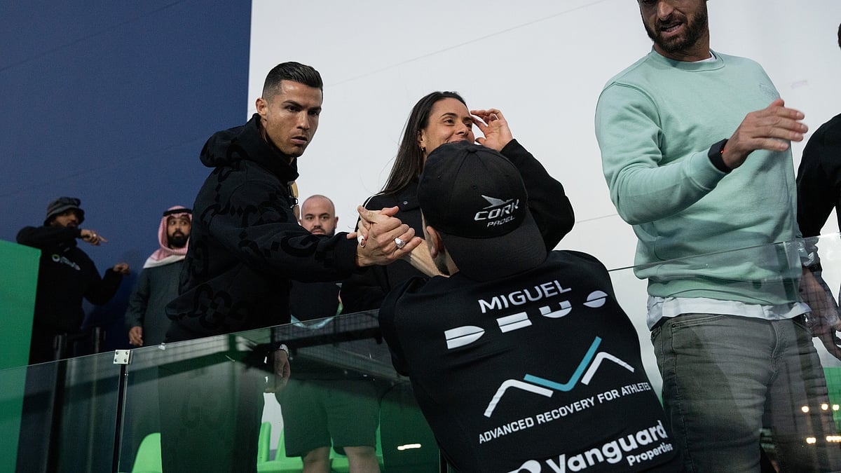 Premier Padel / Red Bull Content Pool : Cristiano Ronaldo congratulates Miguel Deus after his win in the Riyadh Season Premier Padel P1 at Padel Rush Arena in Riyadh, Saudi Arabia on February 11, 2025.