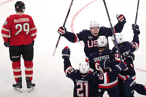 4 Nations Face-Off Final: United States' Jake Sanderson (85) is congratulated after scoring