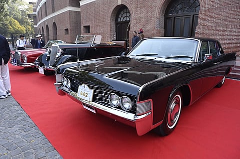 Vintage cars on display during the 21 Gun Salute Vintage Car rally, at Kartavya Path in New Delhi.