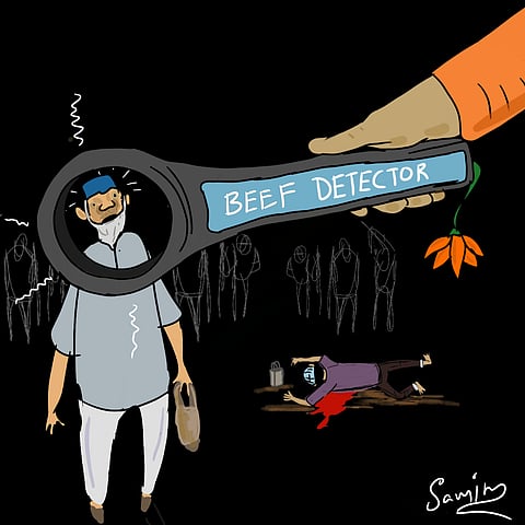 A Political Cartoon by Samim Akter Sheikh exploring the Muslim experience within Indian politics 