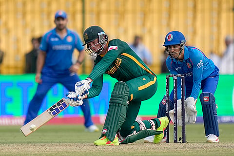 Champions Trophy 2025 Match 3, AFG vs SA: South Africa's Rassie van der Dussen, center, plays a shot
