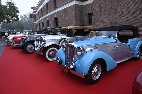 Vintage cars on display during the 21 Gun Salute Vintage Car rally, at Kartavya Path in New Delhi.