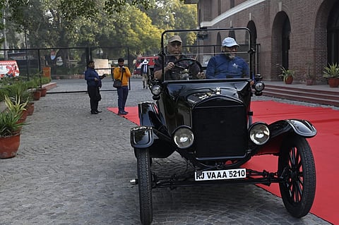Participants during the 21 Gun Salute Vintage Car rally, at Kartavya Path in New Delhi.