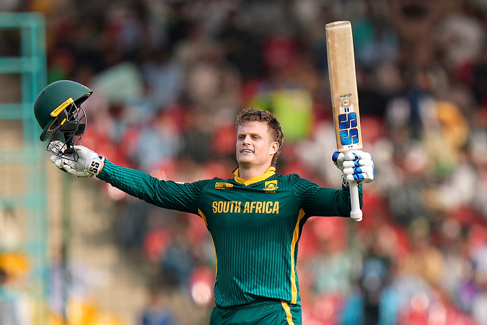 | Photo: AP/Anjum Naveed : Champions Trophy 2025 Match 3, AFG vs SA: South Africa's Ryan Rickelton celebrates after scoring century 