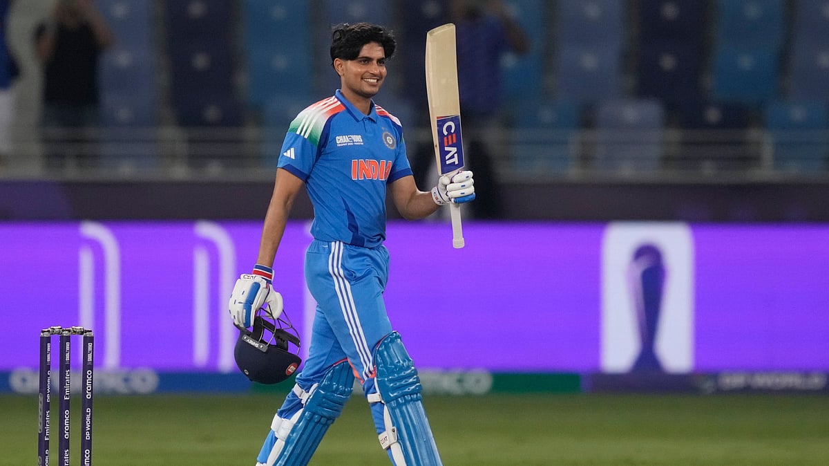 (AP Photo/Altaf Qadri)
 : India's Shubman Gill celebrates after scoring a century during the ICC Champions Trophy cricket match between India and Bangladesh at Dubai International Cricket Stadium in Dubai, United Arab Emirates, Thursday, Feb. 20, 2025. 