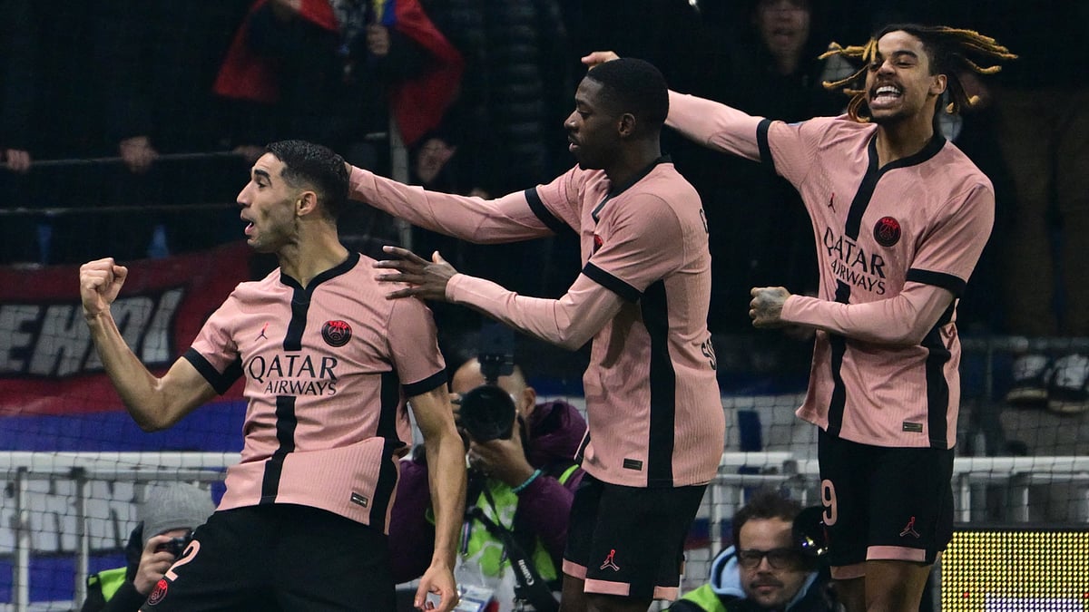 Achraf Hakimi (left) and Ousmane Dembele (centre) were both on target on Sunday in Lyon