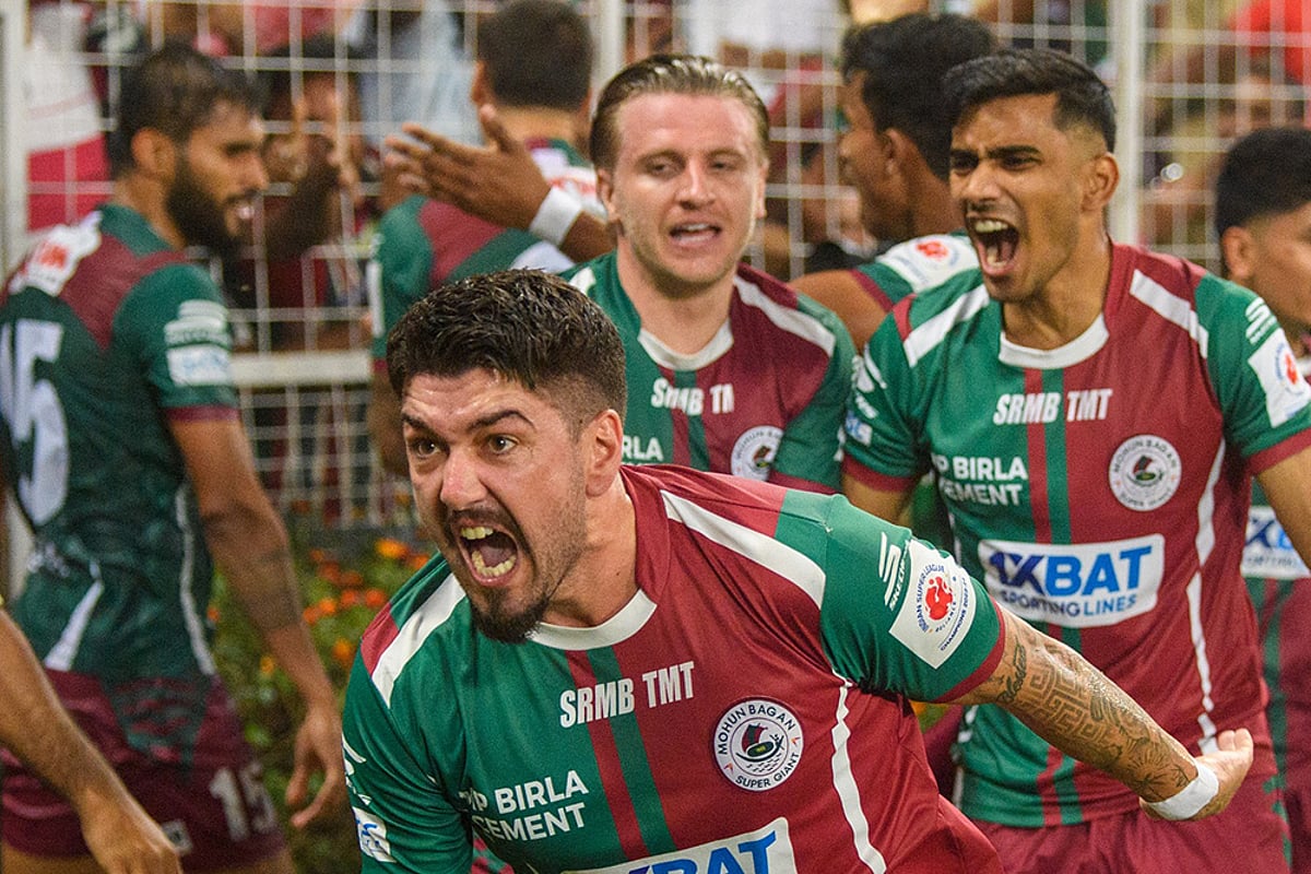 Dimitrios Petratos celebrates his winning goal for Mohun Bagan Super Giant