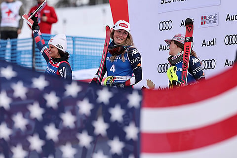 Alpine Skiing World Cup: Croatia's Zrinka Ljutic, United States' Mikaela Shiffrin and United States' Paula Moltzan 