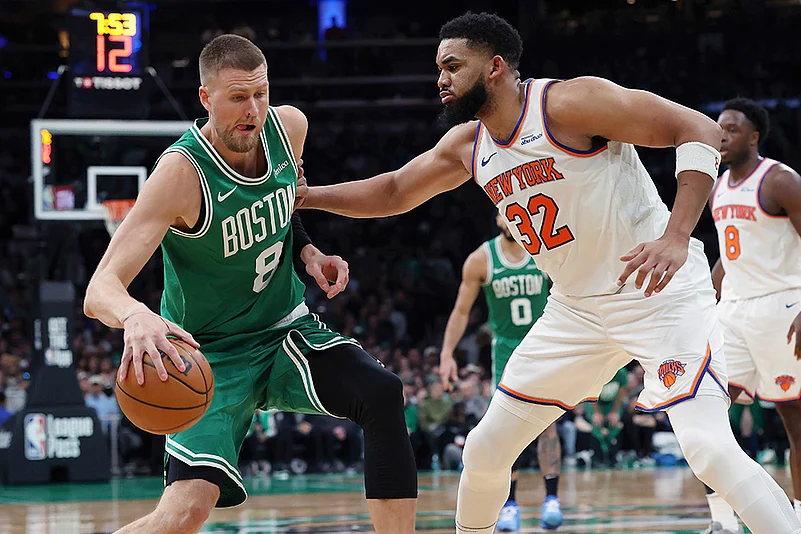 NBA Basketball 2024-25 New York Knicks vs Boston Celtics game: Kristaps Porzingis