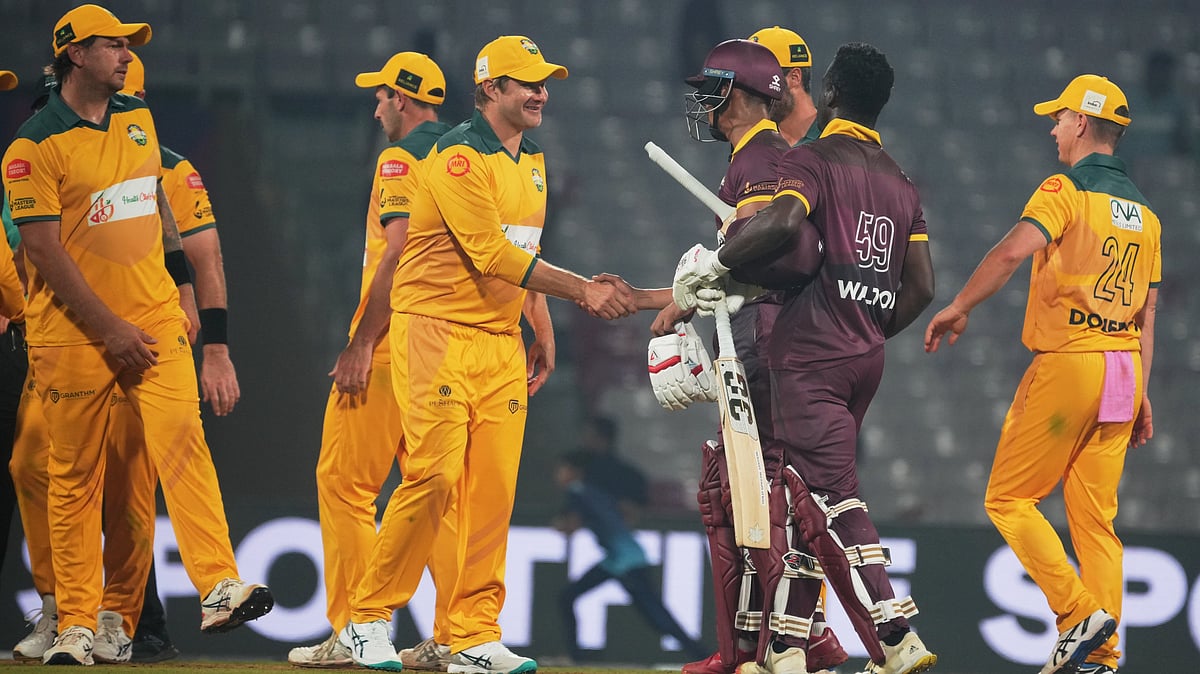 PTI : Shane Watson congratulates West Indies Masters players for winning the IML game.