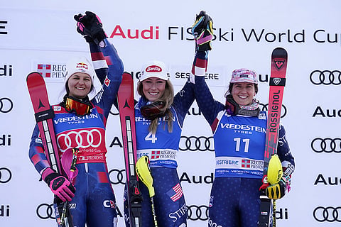 Alpine Skiing World Cup: Croatia's Zrinka Ljutic, United States' Mikaela Shiffrin and United States' Paula Moltzan 