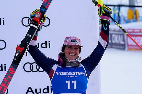 Alpine Skiing World Cup: Third placed United States' Paula Moltzan 